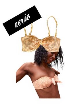 aerie Bandeau Bikini Top Swimwear Orange White Polka-Dots Padded Sz XS NEW NWT